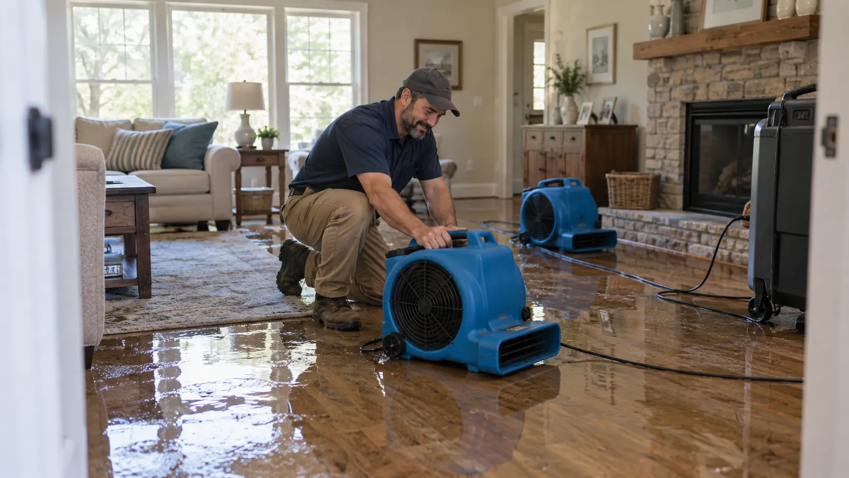 Water damage restoration technician drying a flooded living room in Tulsa